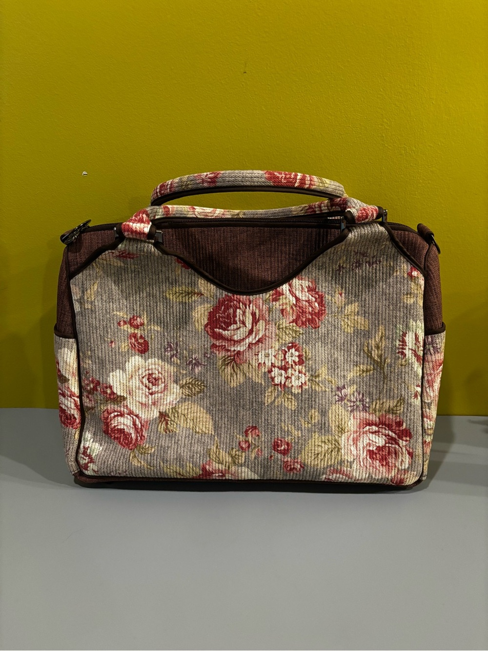 Floral Rose Print Top-Handle Tote in Burgundy and Cream